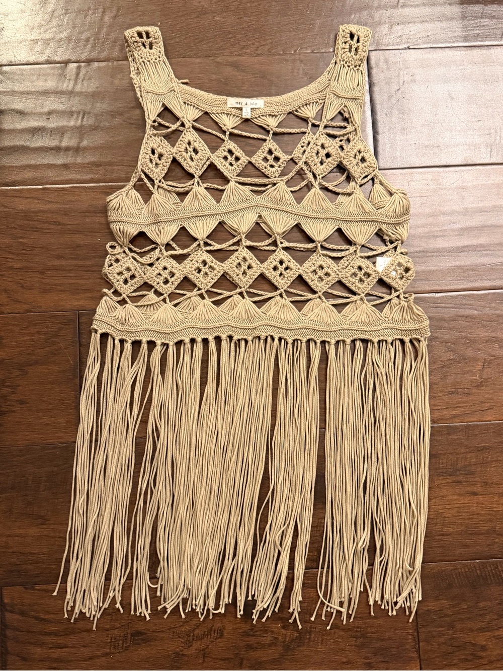 May & July Boho Fringe Crochet Tank - Beige